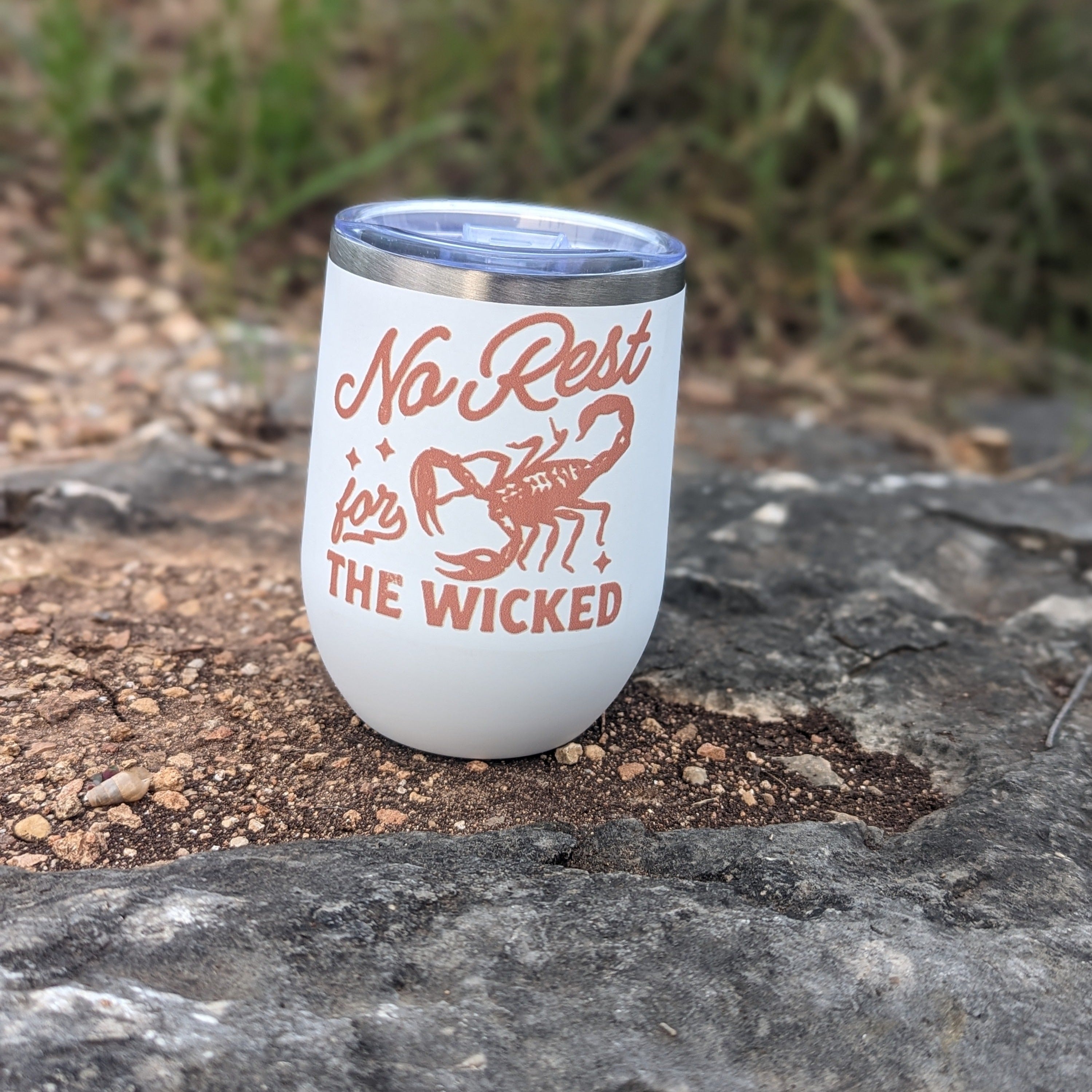 Western-Inspired 12oz Insulated Beer Tumbler - No Rest For The Wicked (White)